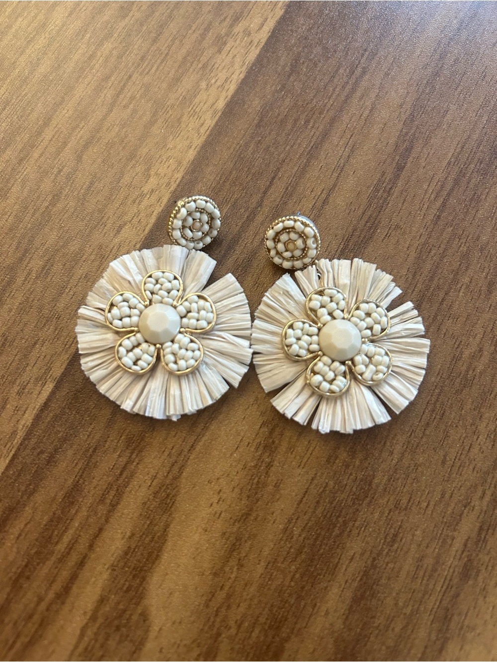 Ivory Floral Raffia Drop Earrings - Women Jewelry